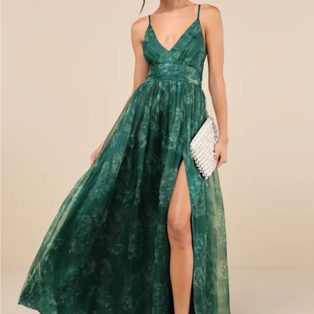 Lulu's Green Maxi Dress with Slit and Spaghetti Straps